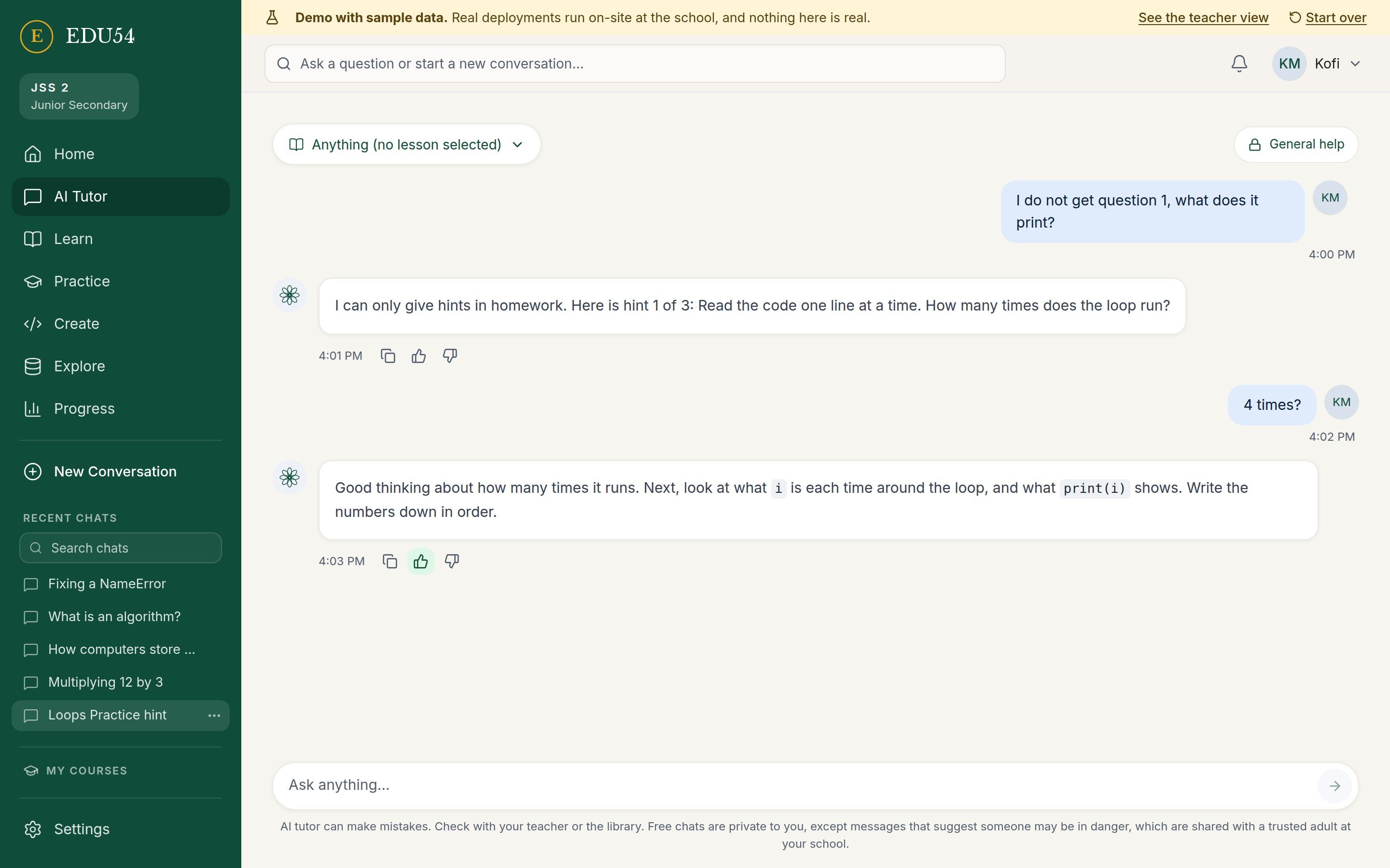 The AI tutor answering a student with a hint