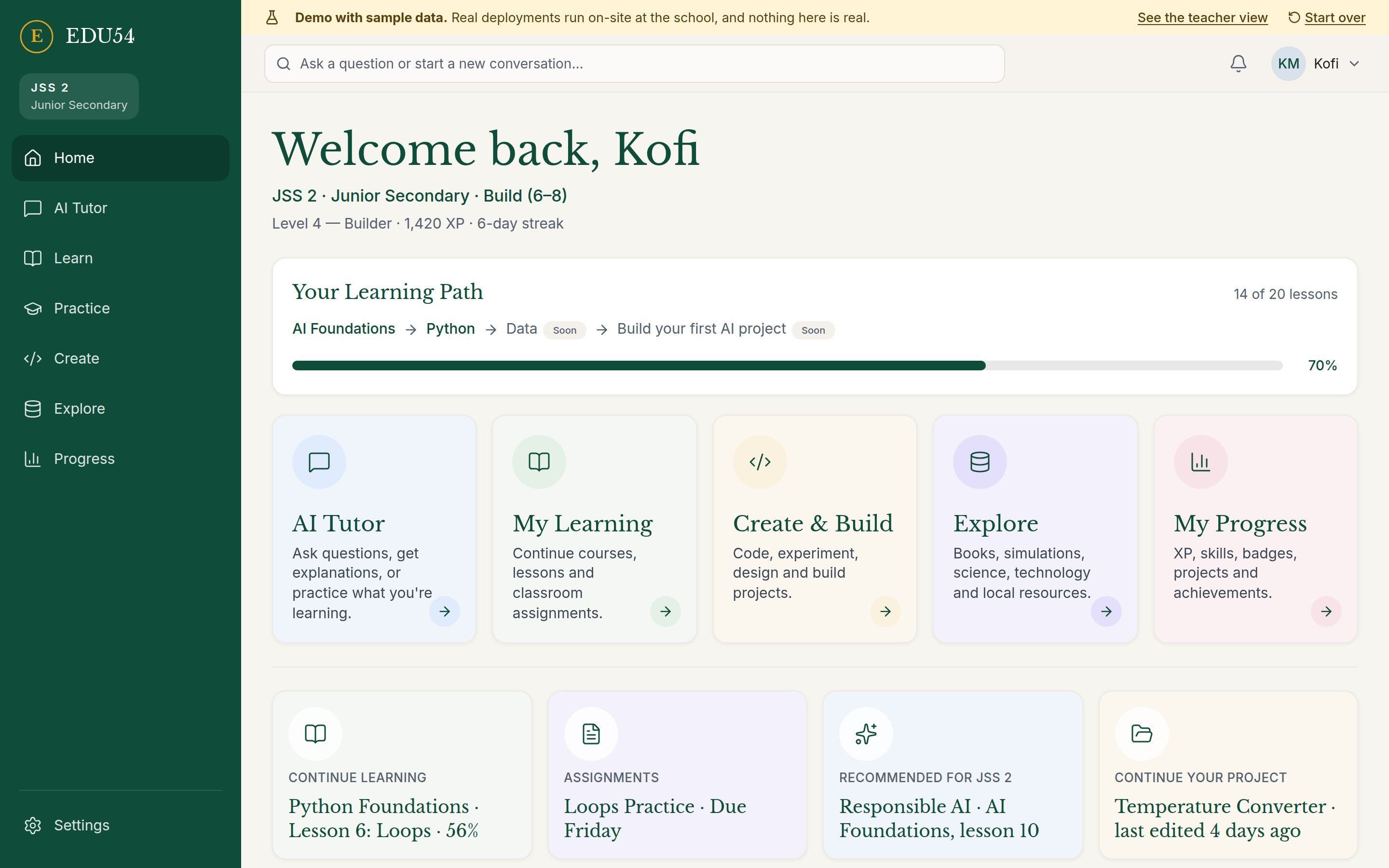 A learner's level, path and next steps on Home
