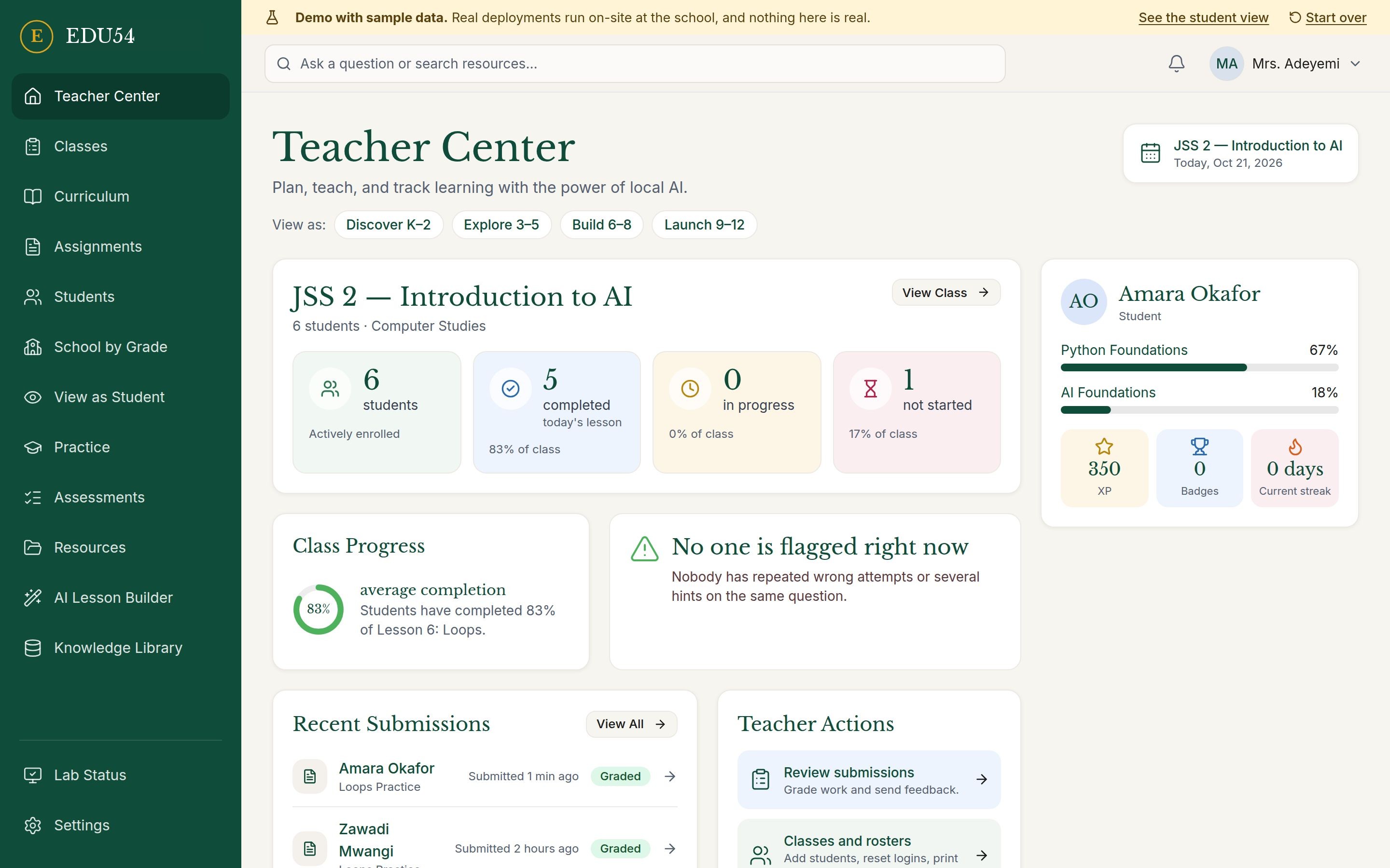 The Teacher Center with class progress and recent submissions